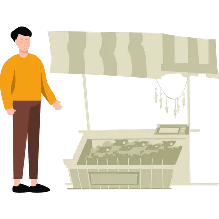 Boy standing by fish stall  Illustration