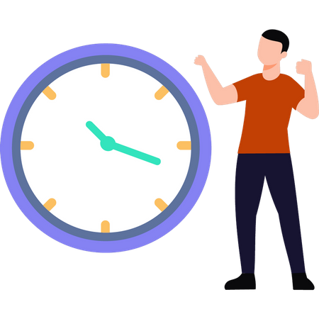 Boy standing by time clock  Illustration