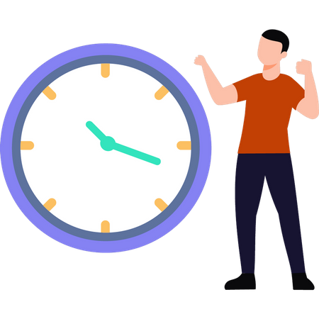 Boy standing by time clock  Illustration