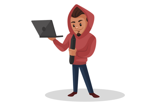 Boy standing holding laptop and pen in his hands  Illustration