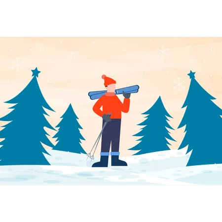 Boy standing holding skiing equipment Illustration