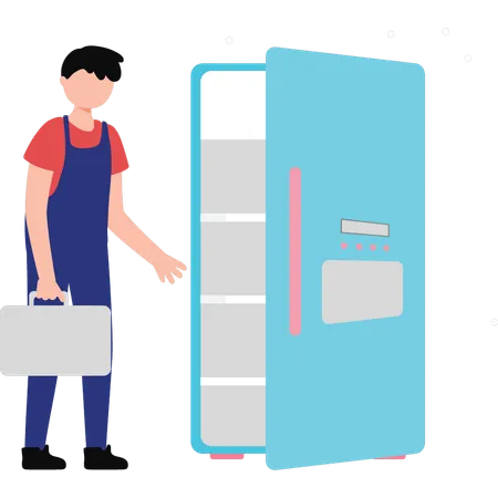 Boy standing in front of fridge  Illustration