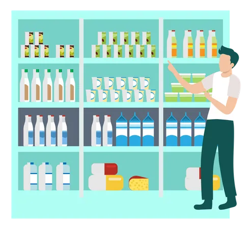 The Boy Is Standing In The Grocery Store Illustration