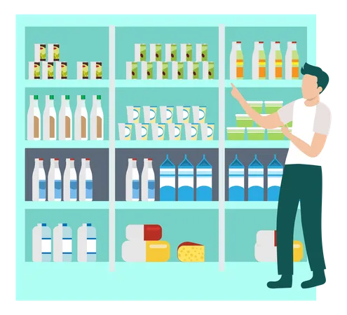 Boy Standing In Grocery Store  Illustration