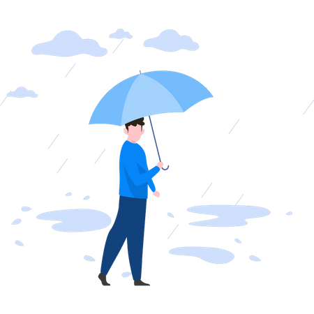 Boy standing in rain with umbrella Illustration
