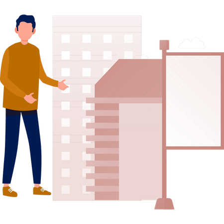 Boy standing near advertisement empty board  Illustration