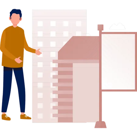 Boy standing near advertisement empty board  Illustration