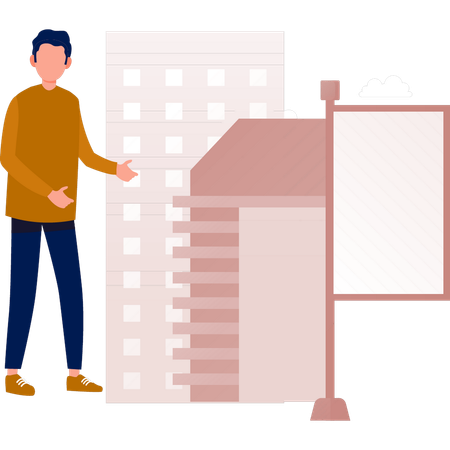 Boy standing near advertisement empty board  Illustration