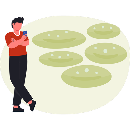 Boy standing near bacteria germs  Illustration