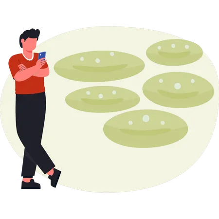 Boy standing near bacteria germs  Illustration