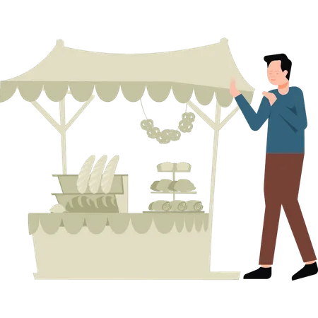 Boy standing near bakery stall Illustration