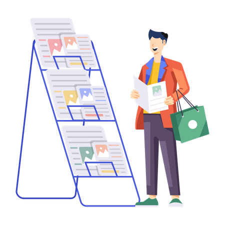 Boy standing near book stand  Illustration