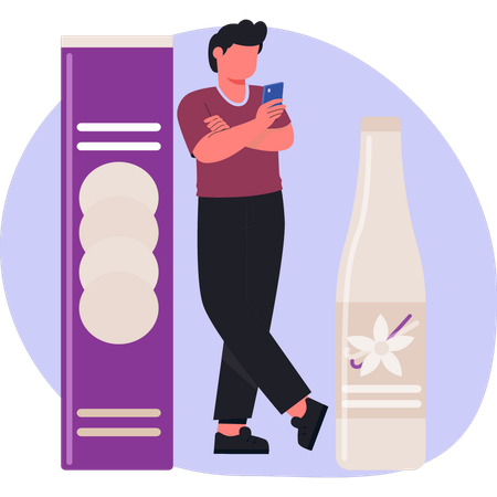 Boy  standing near bottle  Illustration