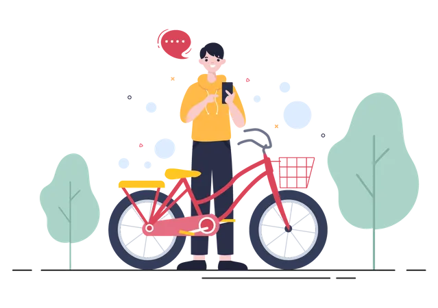 Boy standing near cycle  Illustration