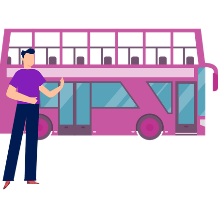 Boy standing near decker bus  Illustration