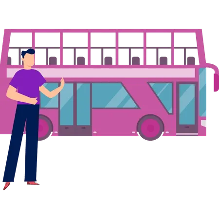 Boy standing near decker bus  Illustration