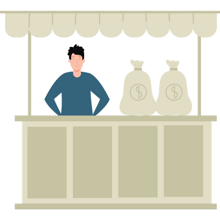 Boy standing near dollar stall Illustration