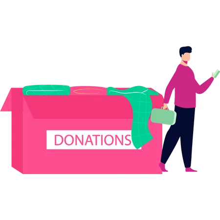 Boy standing near donation box  Illustration