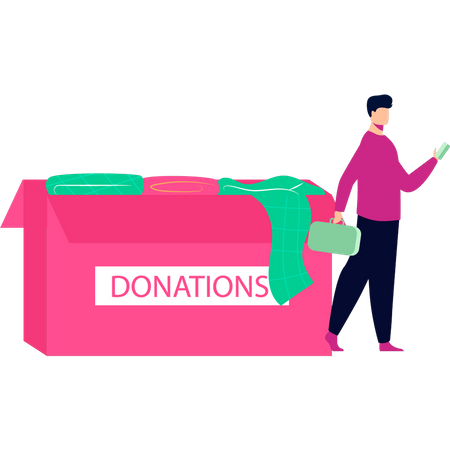 Boy standing near donation box  Illustration