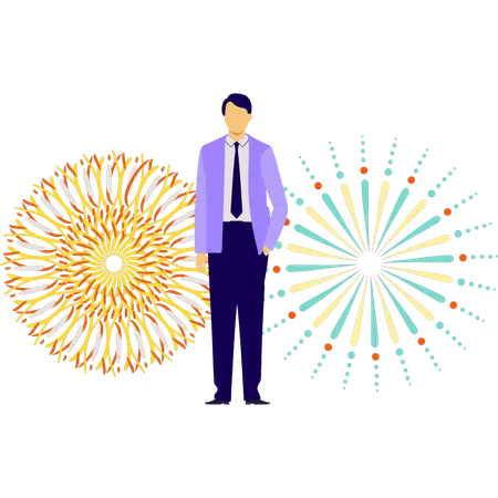 Boy standing near explosion fireworks  Illustration