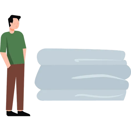 Boy standing near folding clothes  Illustration