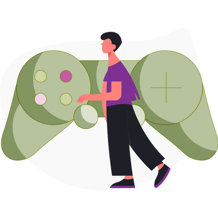 Boy standing near game controller joystick Illustration