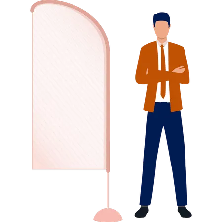 Boy standing near light advertising board  Illustration