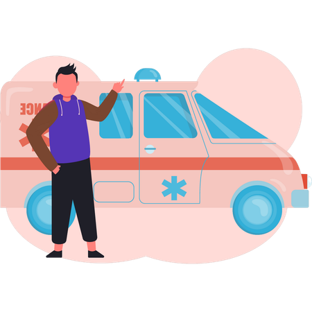 Boy standing near medical ambulance  Illustration