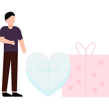 Boy standing near Thanksgiving gifts and chocolates  イラスト