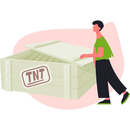TNT の箱の近くに立っている少年  イラスト