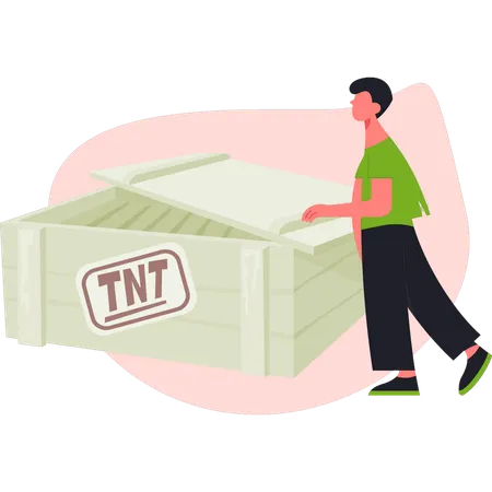 TNT の箱の近くに立っている少年  イラスト