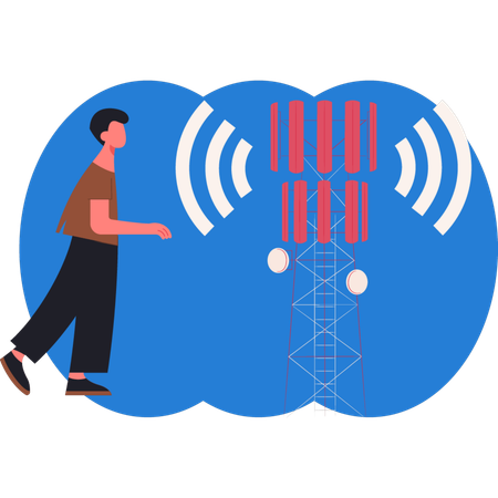 Boy  standing near wireless tower  Illustration