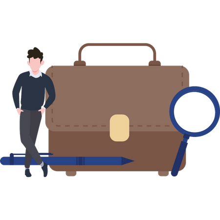 Boy standing next to a bag  Illustration
