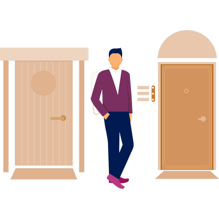 Boy standing next to apartment door  Illustration