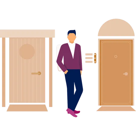 Boy standing next to apartment door  Illustration