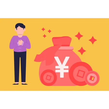 A Boy Is Standing Next To A Bag Of Money Illustration