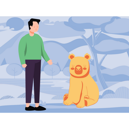 Boy standing next to bear  Illustration