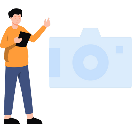 Boy standing next to camera  Illustration