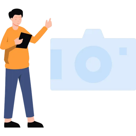 The Boy Is Standing Next To The Camera Illustration