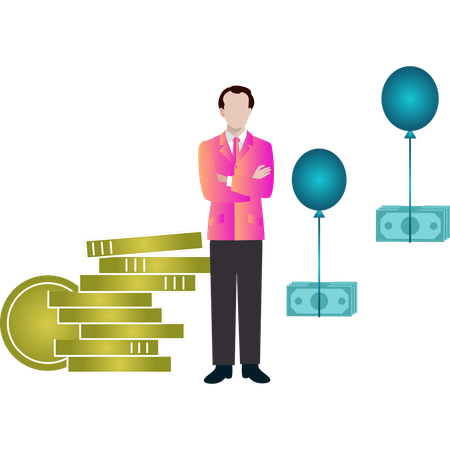 Boy standing next to coin stack  Illustration