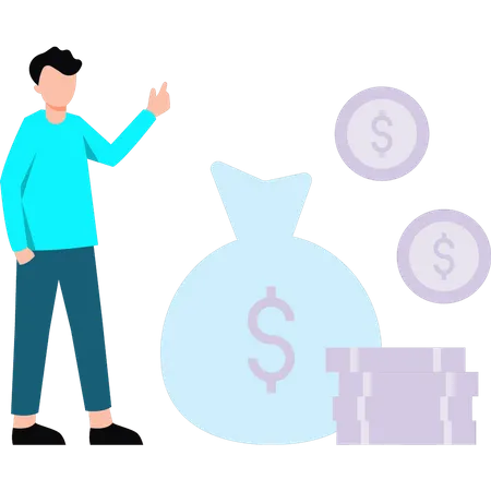 Boy standing next to dollar coins and sack  Illustration
