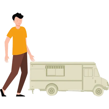 Boy standing next to food truck  Illustration