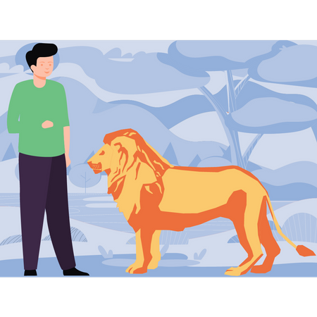 Boy standing next to lion  Illustration