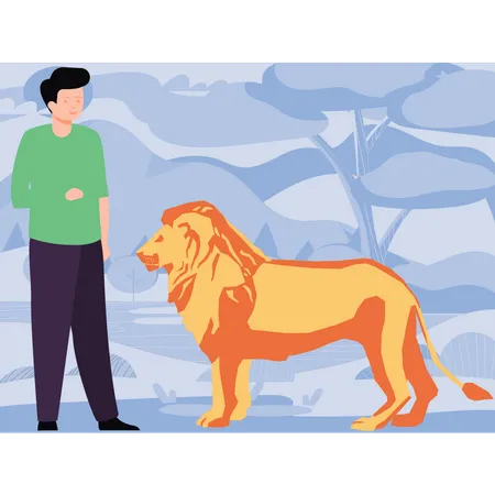 Boy standing next to lion  Illustration