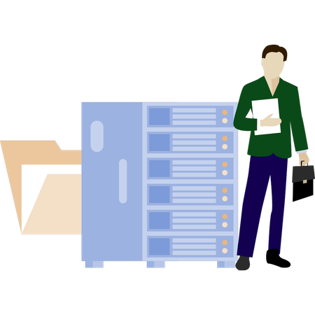 Boy standing next to server data  Illustration