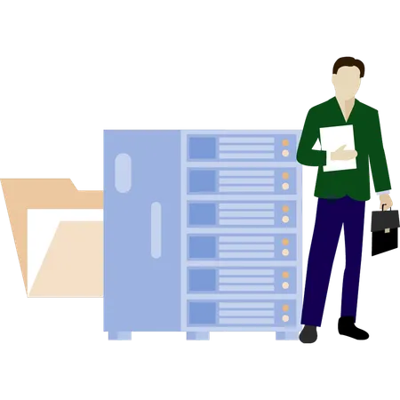 Boy standing next to server data  Illustration