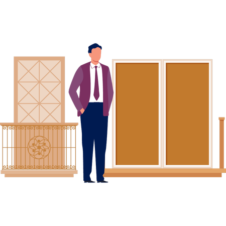 Boy standing next to window  Illustration