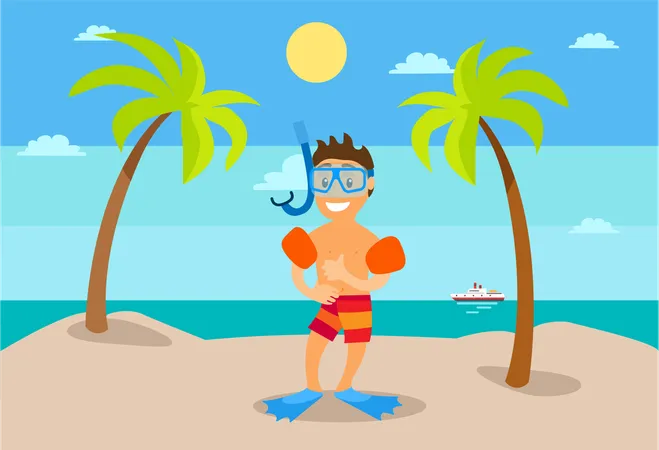 Child In Flippers And Inflatable Circles Standing On Beach Between Palm Trees Smiling Character In Shorts Sea View With Ship Sunny Weather Vector Illustration