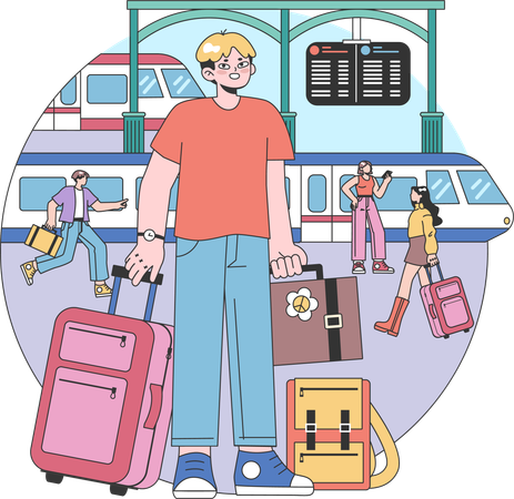 Boy standing on railway station with luggage  Illustration