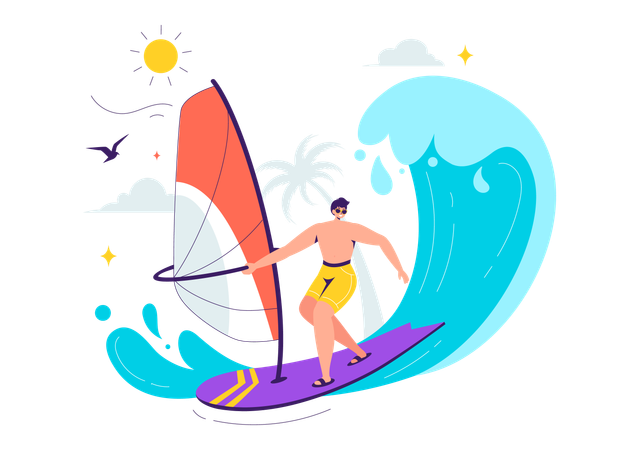 Boy standing on sailing boat while enjoying surfing  Illustration